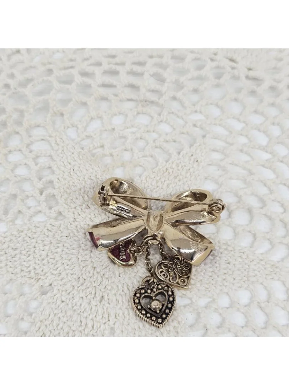 Monet 2005 Red Enamel Bow Brooch Pin Crystal Heart Dangle Charms Vintage Jewelry